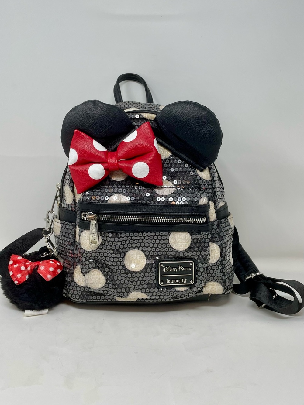 Loungefly Black Sequin Minnie Ear Mini Backpack with Red Polka Dot Bow